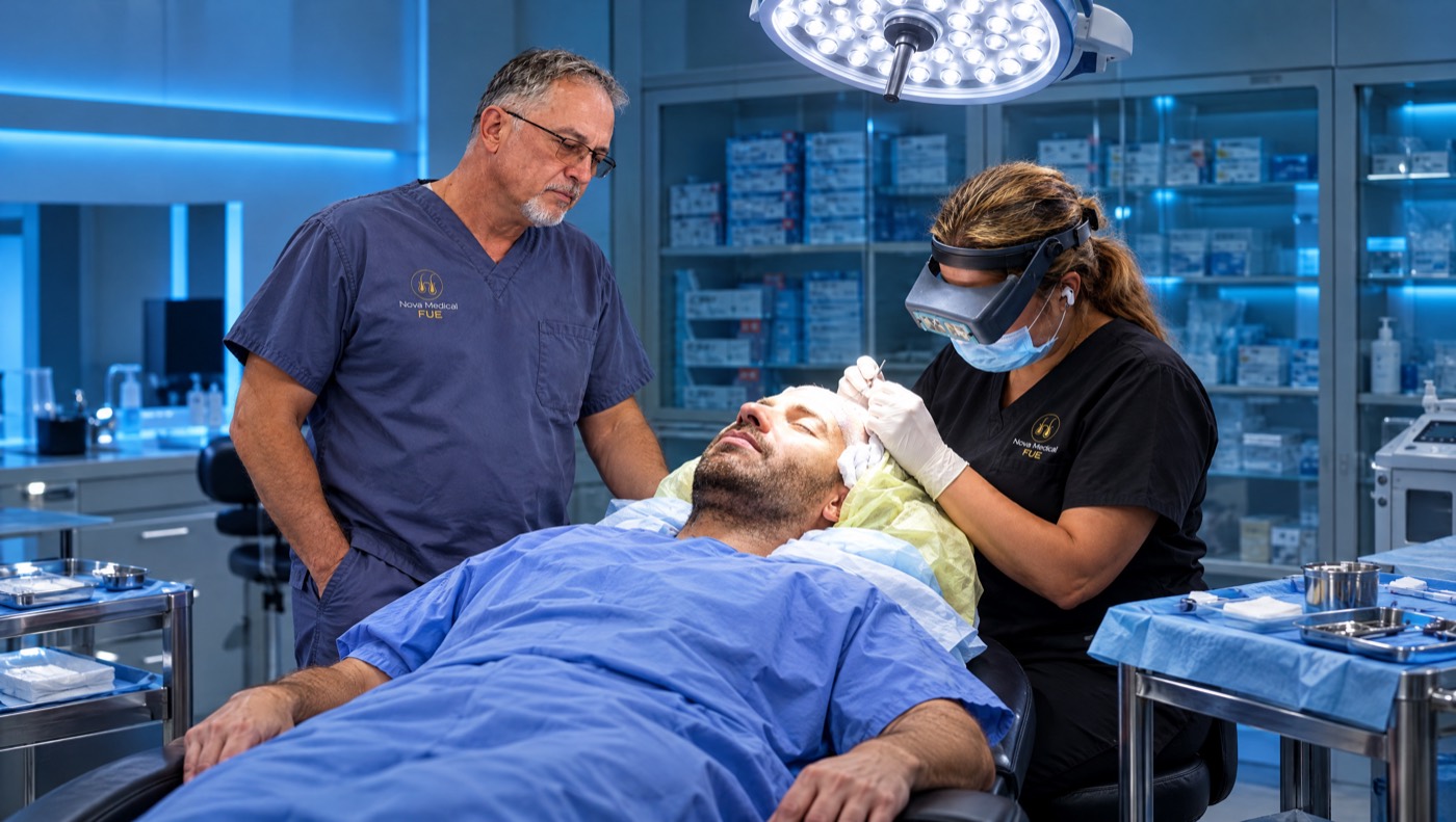 Dr. Val Prokurat, MD overseeing a hair transplant at Nova Medical NYC