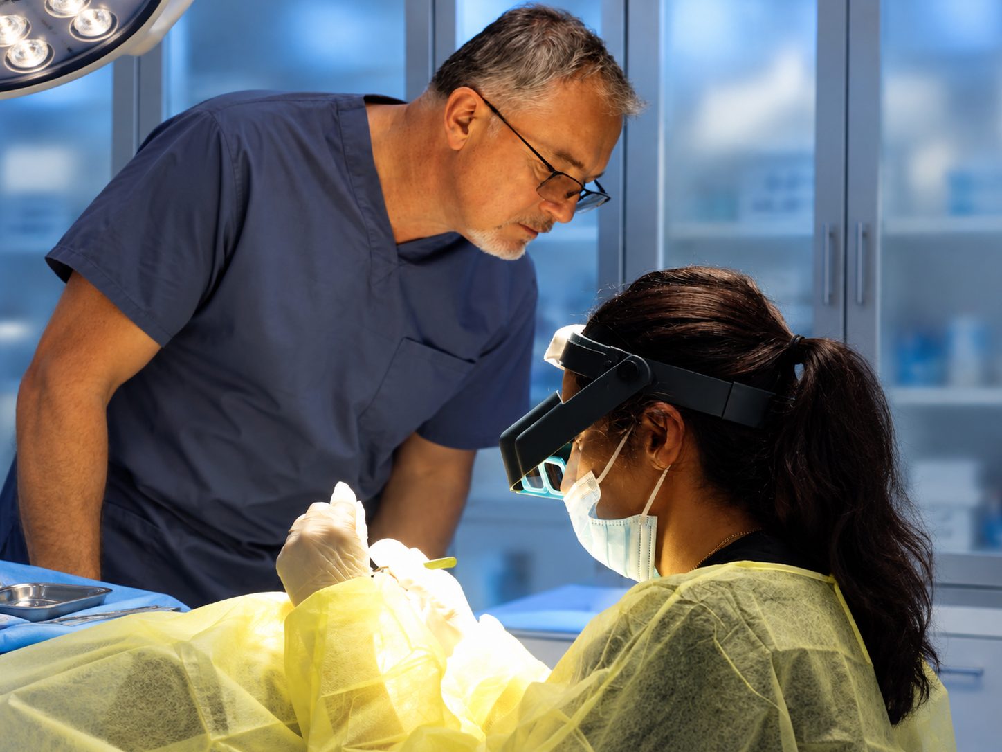 Dr. Val Prokurat, MD looking on as a technician works during a transplant procedure at Nova Medical NYC