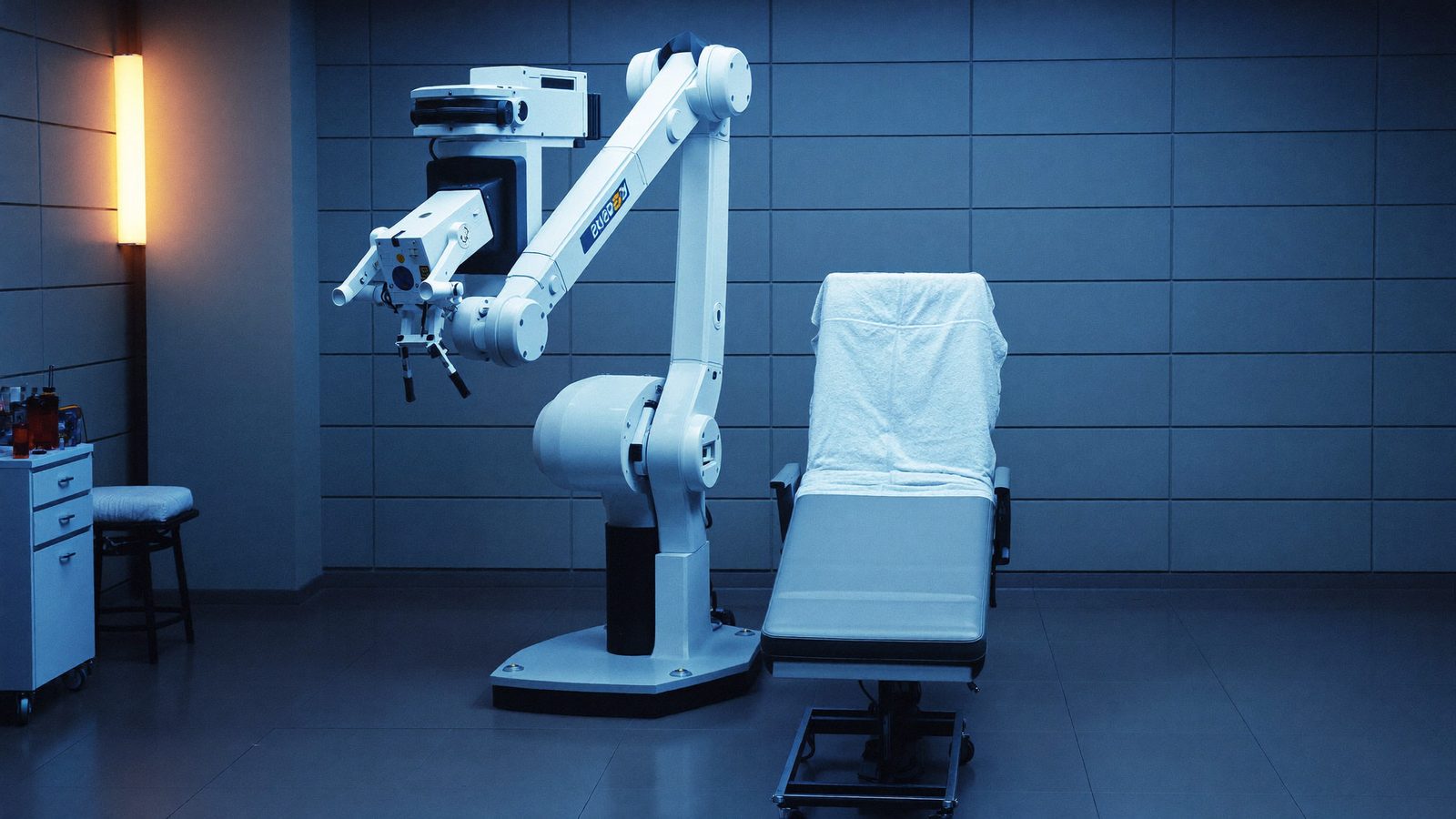 White robotic arm medical device beside an empty treatment chair in a blue-lit procedure room