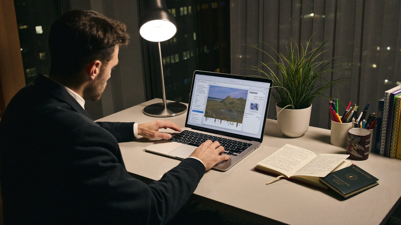 Man comparing travel options on a laptop at night with a passport and handwritten notes on the desk beside him