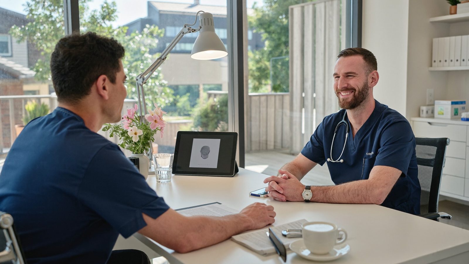 Doctor in navy scrubs smiling during a consultation with a patient across a desk with a tablet between them
