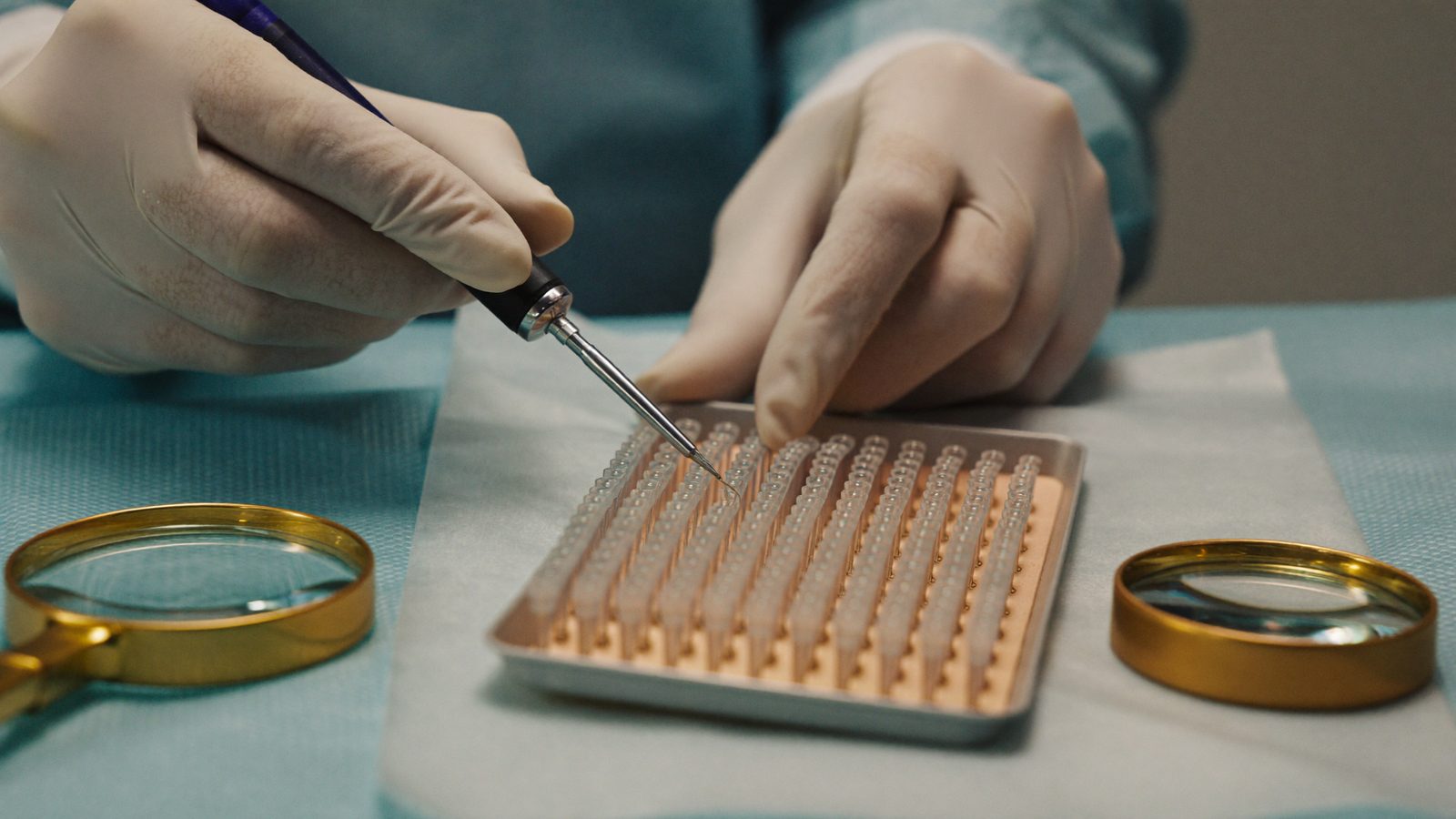 Gloved hands holding a fine extraction tool over a tray of hair grafts next to magnifying loupes in a clinic