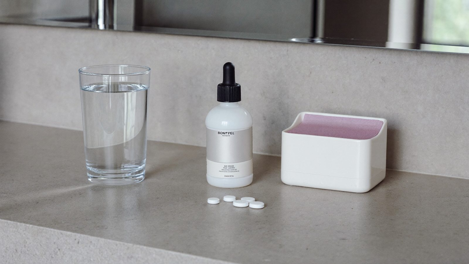 Bathroom counter with a glass of water, a dropper bottle of topical solution, a few tablets and a pill organizer
