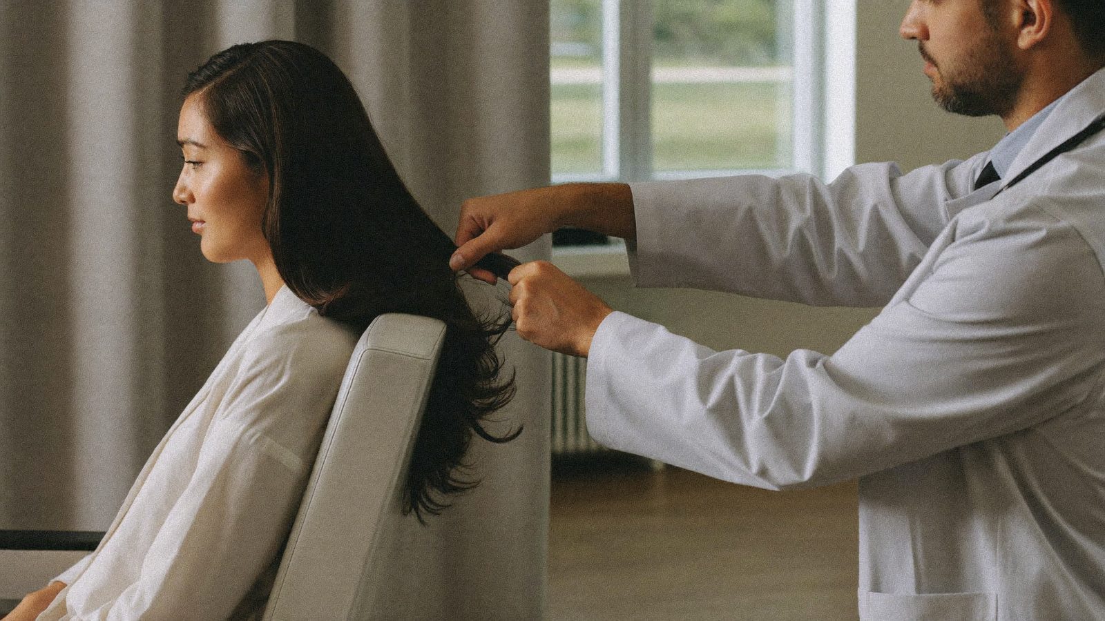 Woman with long dark hair seated in a clinic chair while a doctor gently lifts a section of her hair
