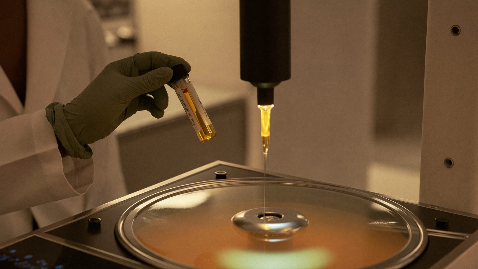 Gloved hand holding a vial of golden plasma above an open centrifuge in a clinic treatment room