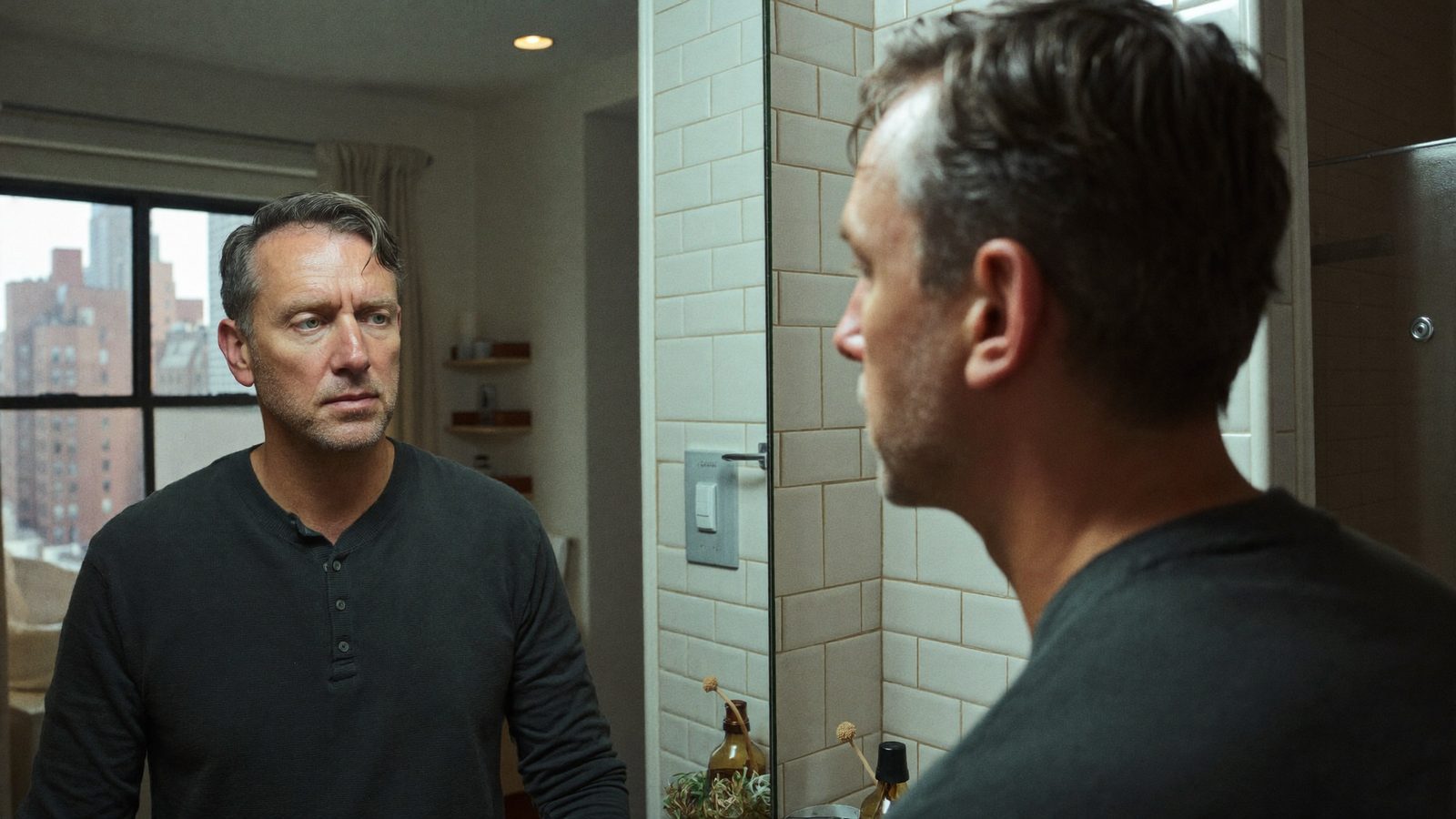 Man in his late thirties studying his receding temples in a bathroom mirror in a city apartment