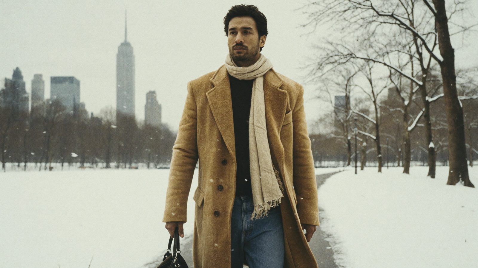 Man in a camel wool coat and loose scarf walking along a snowy Central Park path with the Manhattan skyline behind