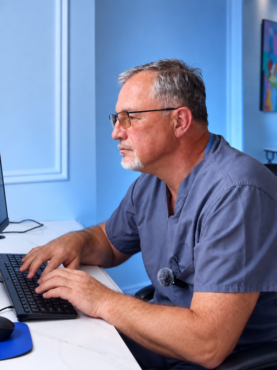 Dr. Val Prokurat, MD mapping out an eyebrow transplant plan on a computer at Nova Medical NYC